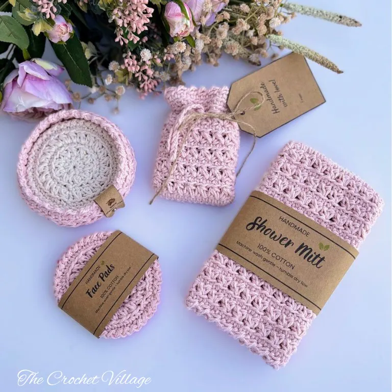 Amber Spa Set 4-in-1 crochet bath bundle with reversible shower mitt, soap bag, face scrubbies holder, printable gift tags and wraps for easy gifting