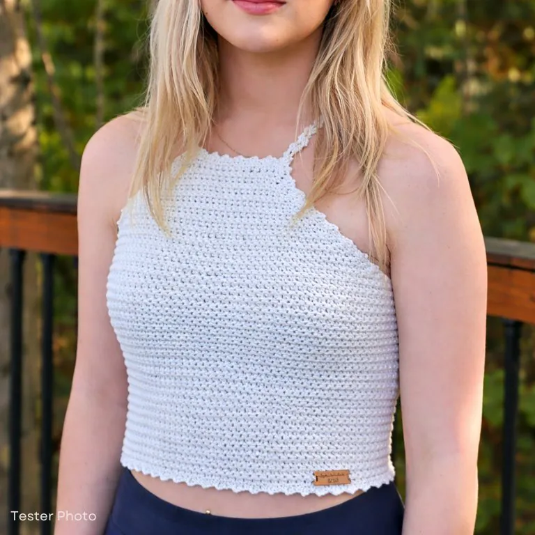 Crochet cotton halter crop top free pattern Milan Top worn by tester
