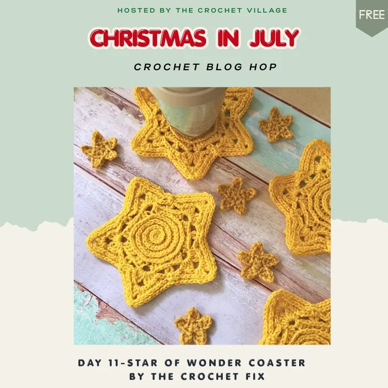 Three textured crochet Star of Wonder coasters in a boho-inspired design, perfect for Christmas table décor, tree ornaments, and festive holiday decorating