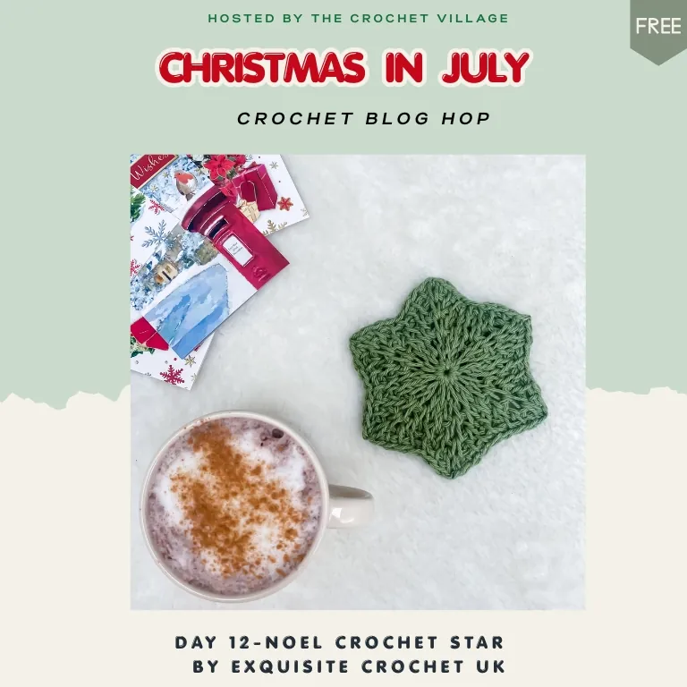 Crochet Noel Star ornament and coaster with a cup of coffee, beginner-friendly Tunisian crochet pattern for Christmas décor.
