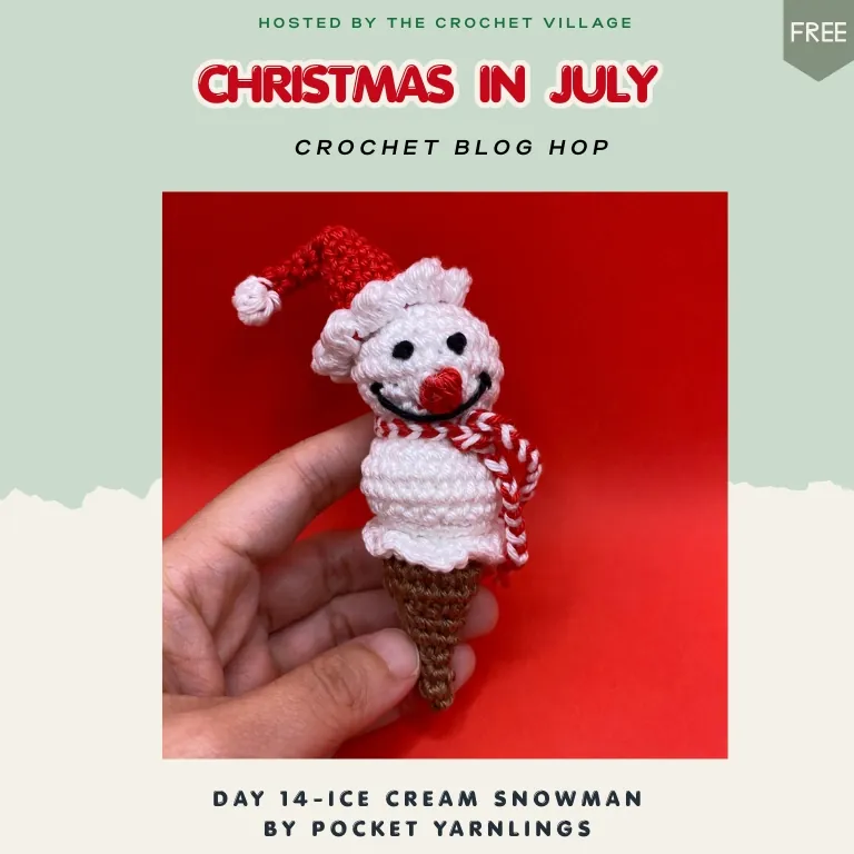 Hand holding Ruby the Ice Cream Snowman, a beginner-friendly crochet amigurumi featuring a festive snowman on an ice cream cone with a tiny hat and scarf, perfect for Christmas décor and holiday gifts.