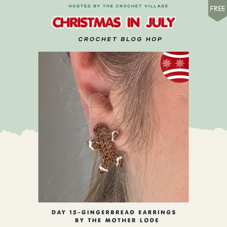 Person wearing handmade crochet gingerbread earrings, festive Christmas accessory and free holiday crochet pattern