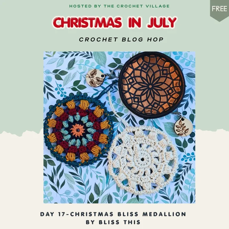 Festive Christmas Bliss Medallion crochet pattern for ornaments, earrings, and coasters, perfect for handmade holiday gifts.