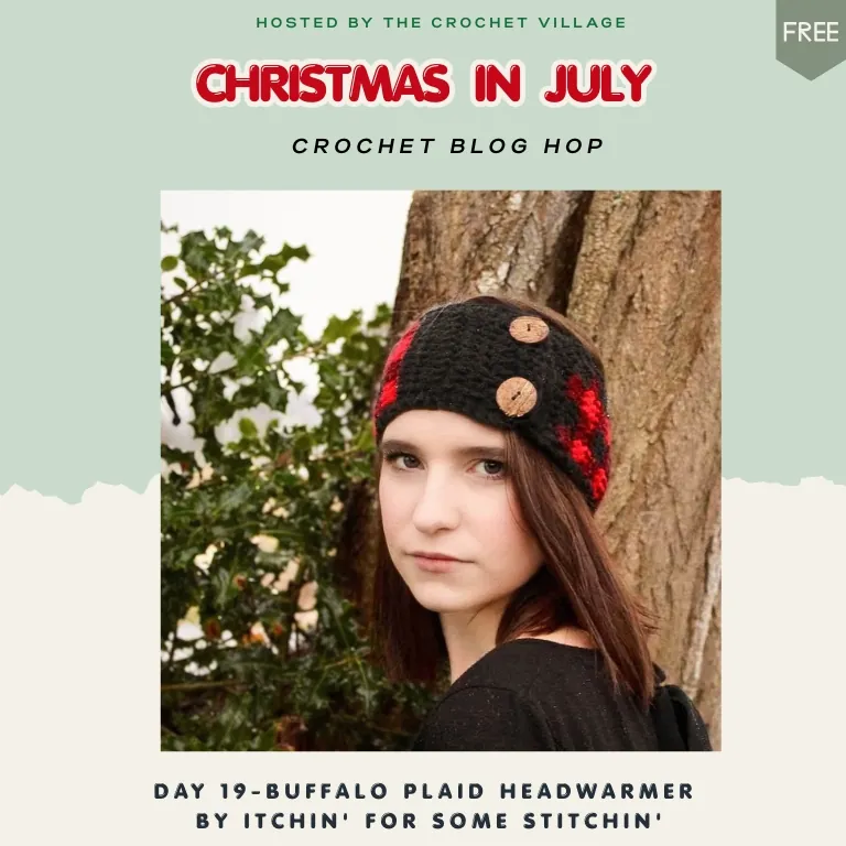Woman wearing a handmade Buffalo Plaid Ear Warmer Crochet Pattern in red and black, showcasing a cozy winter crochet accessory perfect for cold weather and holiday gifts.