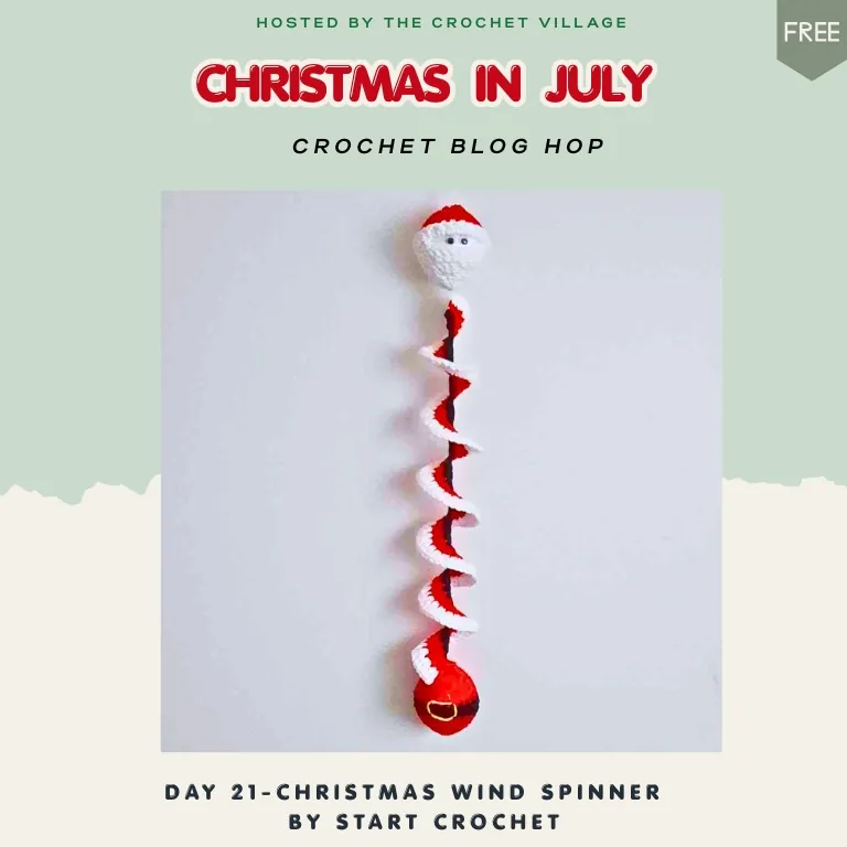 Easy crochet Christmas wind spinner hanging outdoors, a festive holiday decoration pattern for porch, patio, or garden.