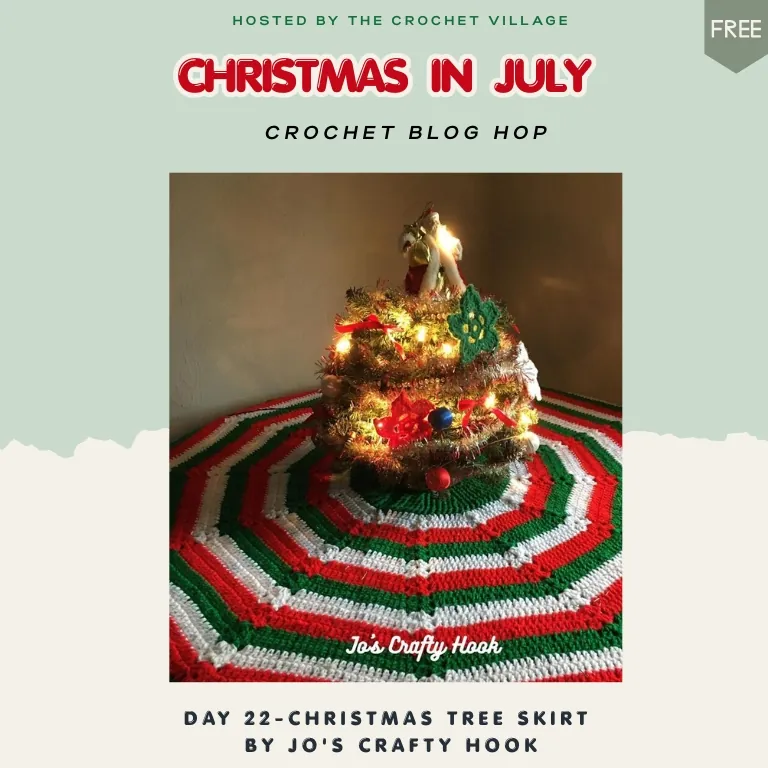 Crochet Christmas tree skirt in festive seasonal colors, handmade holiday décor project with a textured design placed around the base of a Christmas tree. Free pattern