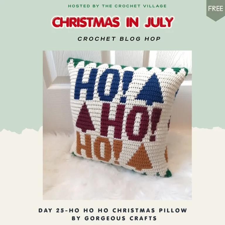 Easy mosaic crochet Christmas pillow pattern with Ho Ho Ho design, perfect for beginners and handmade holiday home décor.