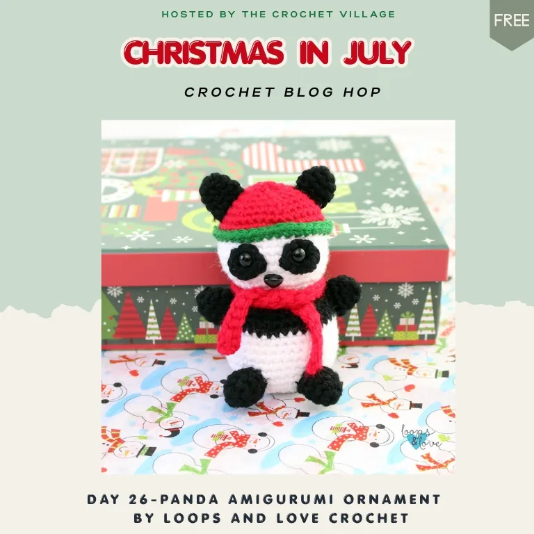 Panda amigurumi ornament crochet pattern hanging on a Christmas tree with festive holiday decorations