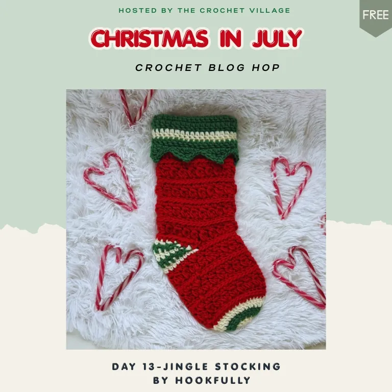 Chunky crochet Christmas stocking with textured elf-inspired design, free Jingle Stocking crochet pattern.