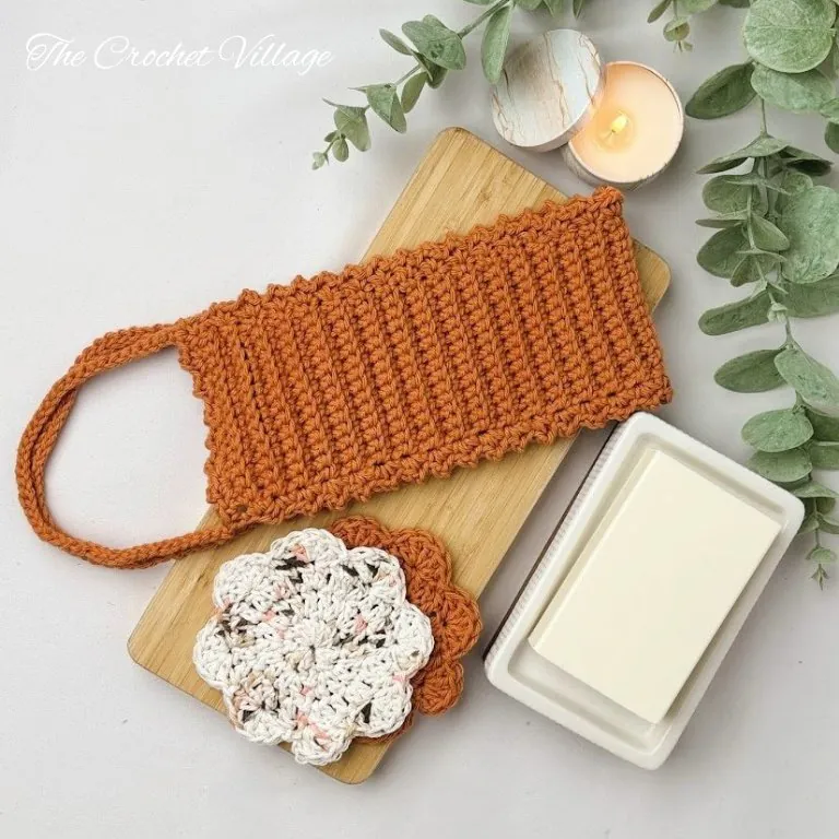 Crochet back scrubber in variegated papaya cotton yarn — free pattern from the Papaya Spa Set.