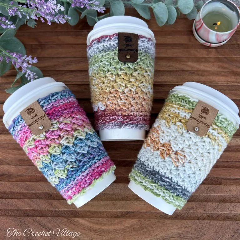 Crochet mug cozies made with cotton yarn - free beginner crochet cup cozy pattern