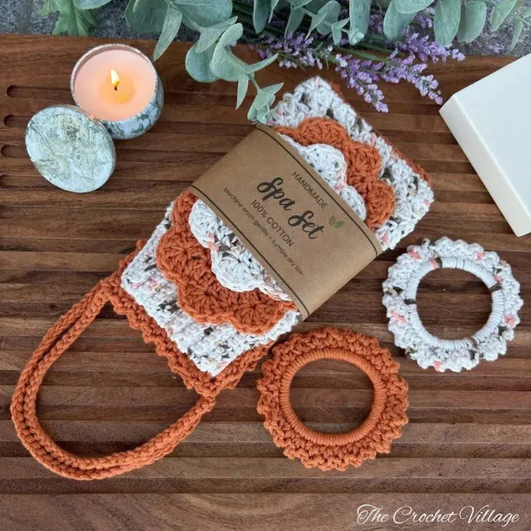 Papaya Spa Set crochet bath accessories wrapped in a free printable gift wrap — handmade gift idea.