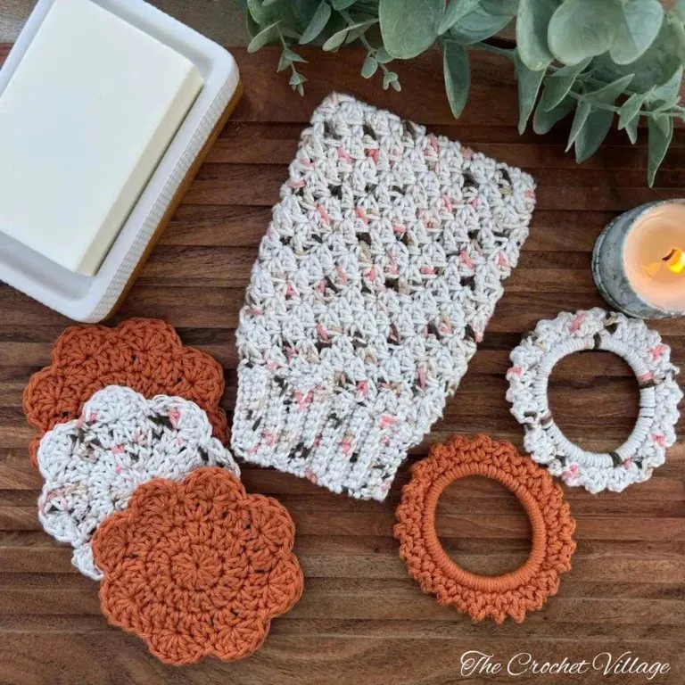 Free crochet hair scrunchie pattern in variegated papaya cotton yarn — from the Papaya Spa Set.