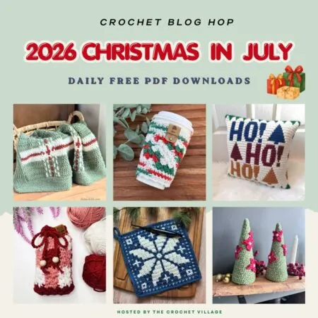 Collage featuring six free crochet patterns from a Christmas in July blog hop, including festive holiday decorations and handmade gift ideas