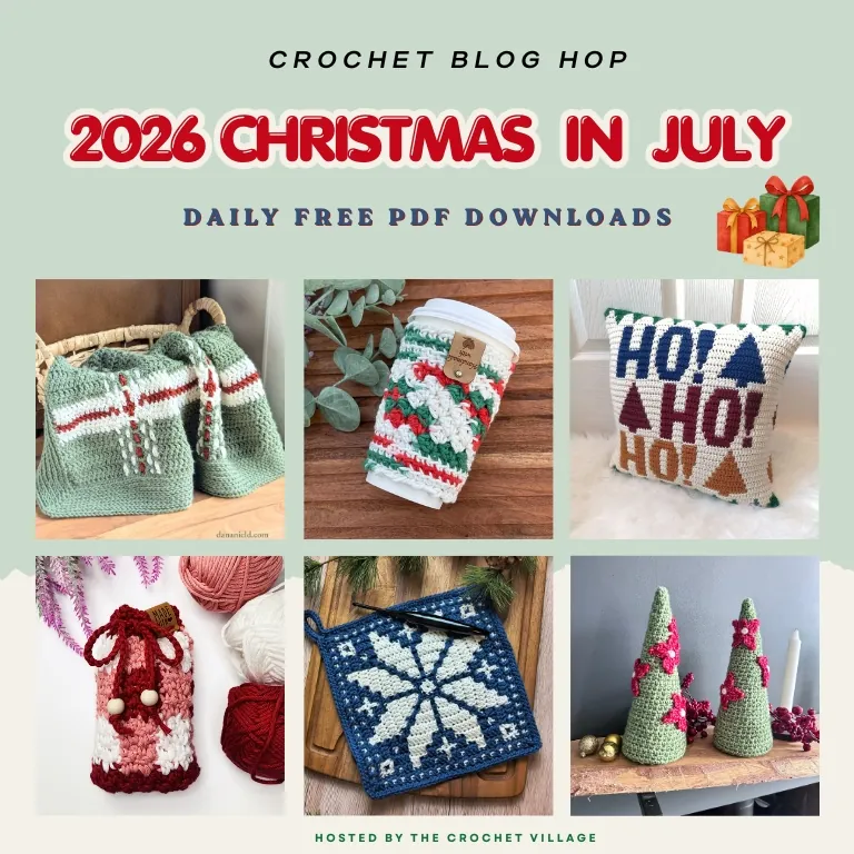 Collage featuring six free crochet patterns from a Christmas in July blog hop, including festive holiday decorations and handmade gift ideas