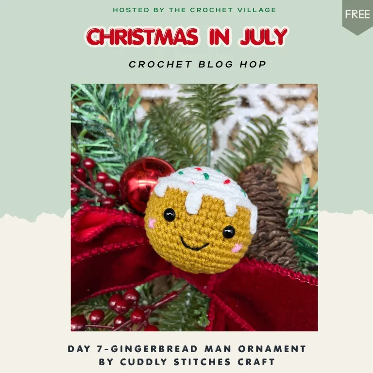 Day 7 of the Christmas in July Blog Hop featuring a free crochet gingerbread man ornament pattern. Festive Christmas tree decoration with a free PDF download for 24 hours.