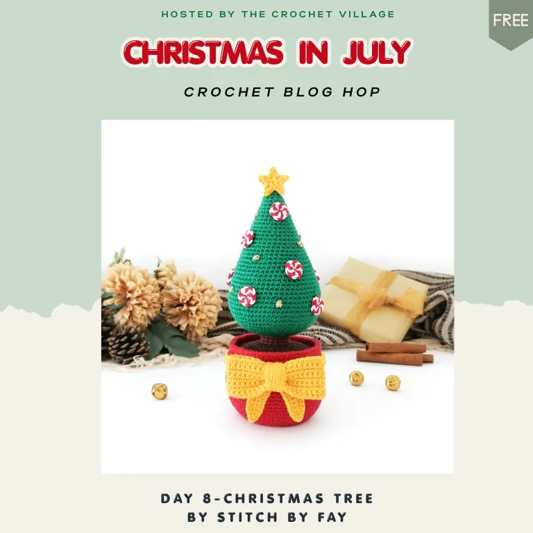 Day 8 of the Christmas in July Blog Hop featuring a free crochet Christmas Tree pattern. Festive Christmas tree decoration with a free PDF download for 24 hours.