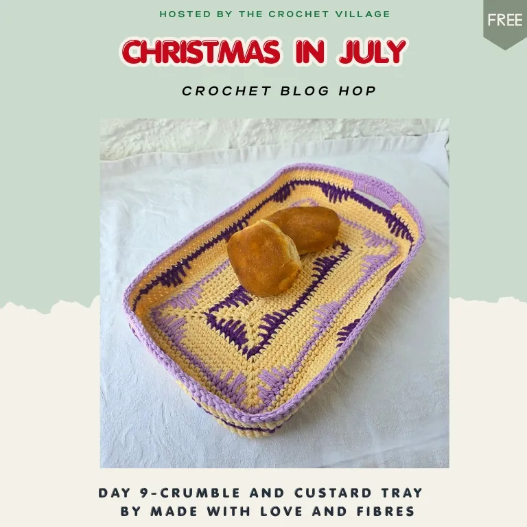 Day 9 of the Christmas in July Blog Hop featuring a free crochet basket pattern. Festive Christmas tree decoration with a free PDF download for 24 hours.