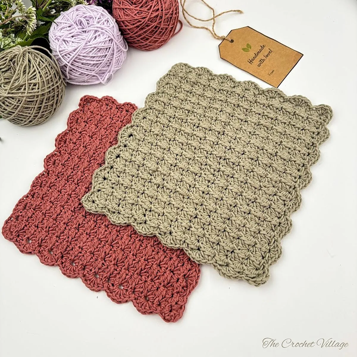 Free crochet dishcloth pattern with textured stitch and scalloped edge in sage green and terracotta cotton yarn
