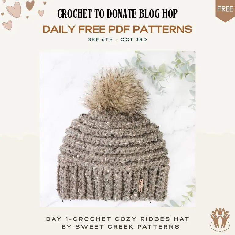 Brown textured crochet Cozy Ridges Hat with faux fur pom-pom, a free crochet hat pattern to make and donate