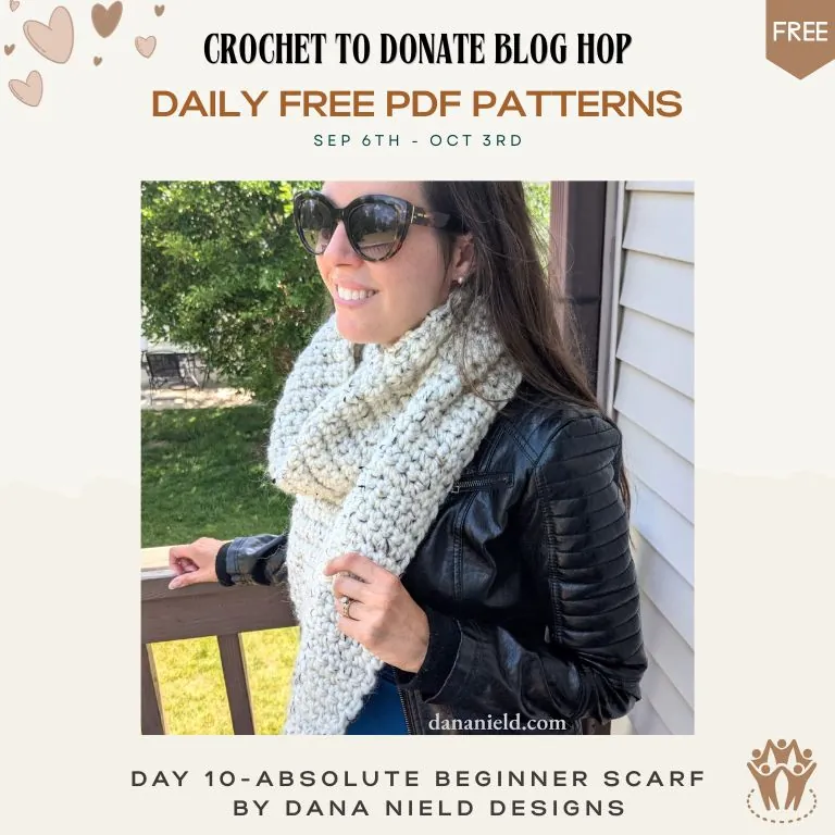 Woman wearing a chunky cream single crochet scarf — free beginner crochet scarf pattern