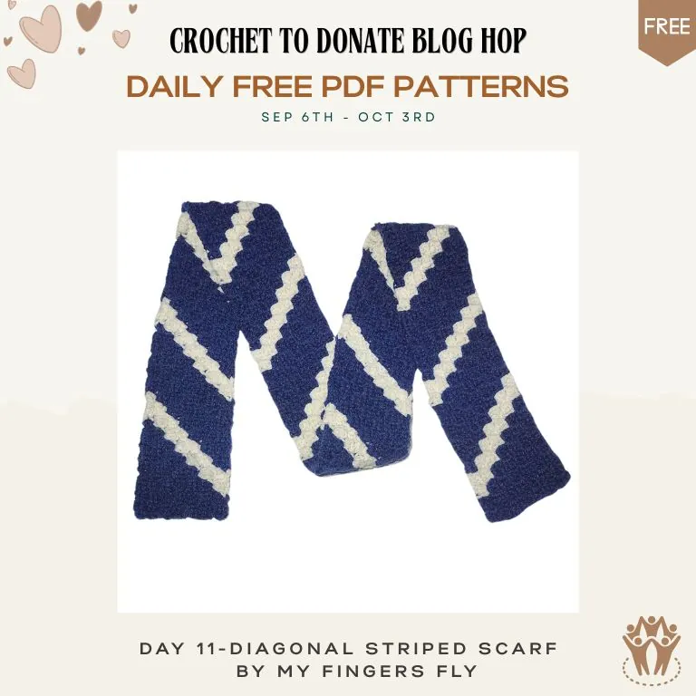 Free crochet scarf pattern — navy and cream diagonal striped skinny scarf