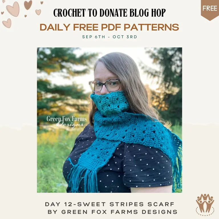 Free beginner crochet scarf pattern — teal textured skinny scarf with fringe, worn wrapped around the neck