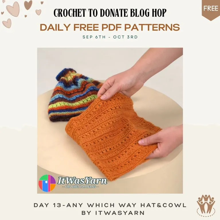 Free crochet hat and cowl pattern — orange textured cowl held in hands with a striped crochet hat behind