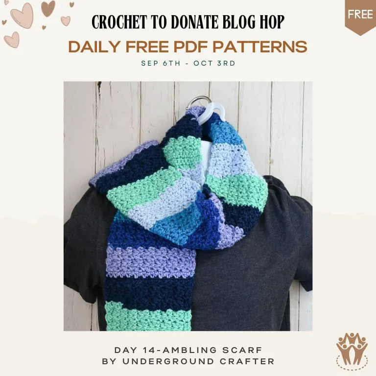 Free crochet scarf pattern — blue, navy and mint self-striping textured scarf worn over a grey shirt