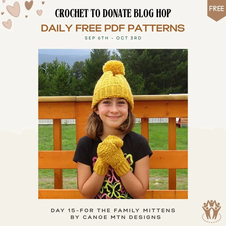 Free crochet mitten pattern — yellow ribbed mittens worn by a girl with a matching hat