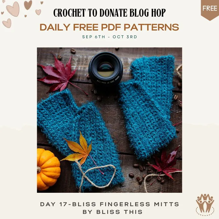 Free crochet fingerless mitts pattern — teal blue fuzzy mitts on rustic wood with autumn leaves