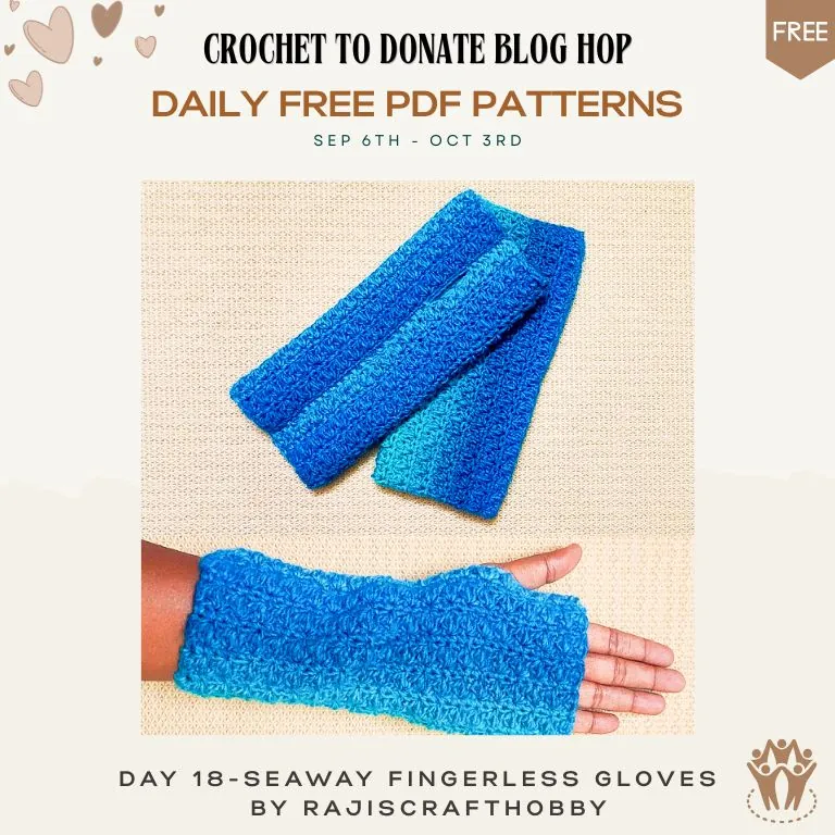 Free crochet fingerless gloves pattern — blue variegated textured gloves with a long cuff