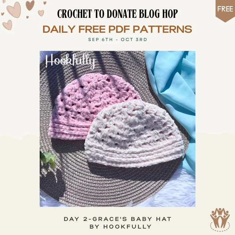 Free crochet baby hat pattern in pink and white granny stripe with ribbed cuff, sized newborn to toddler