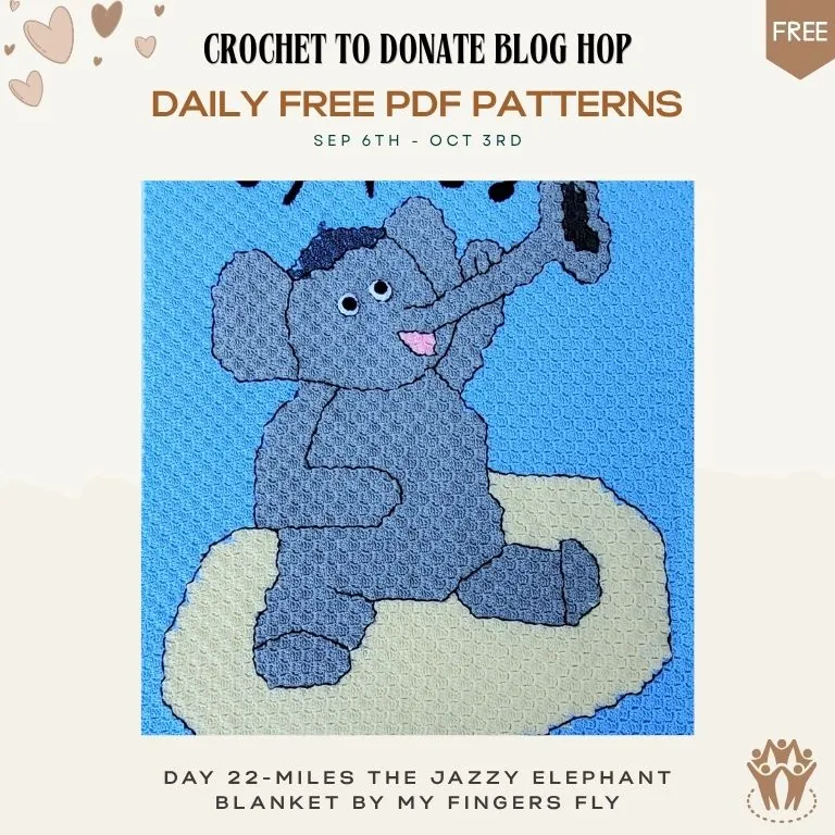 Free C2C crochet blanket pattern — blue elephant playing a trumpet on a toddler graphgan blanket