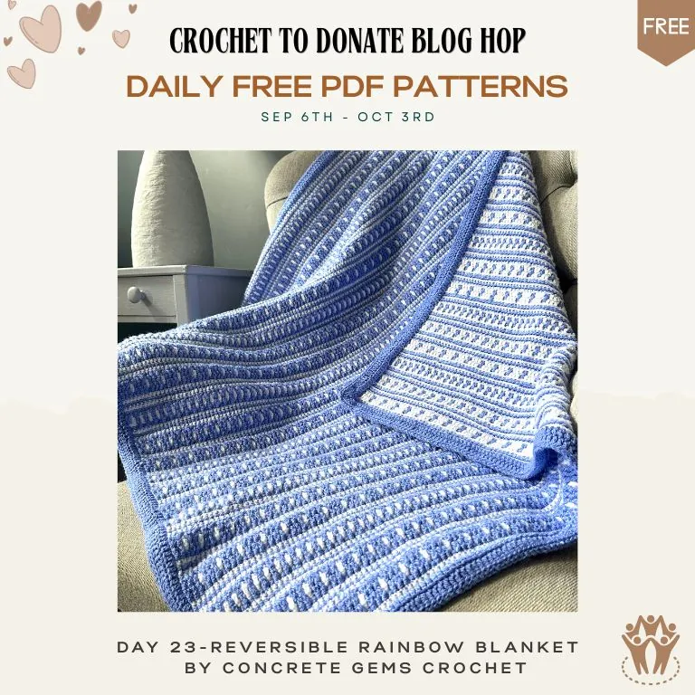 Free mosaic crochet blanket pattern — blue and white reversible striped blanket draped over a chair