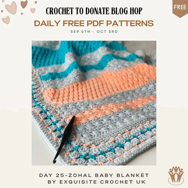 Free crochet baby blanket pattern — grey, teal and peach textured blanket in alpine and bead stitch
