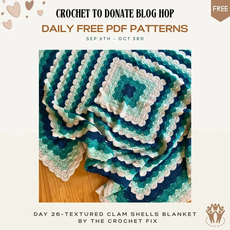 Free crochet blanket pattern — teal, navy and cream textured clam shell blanket worked from the centre out