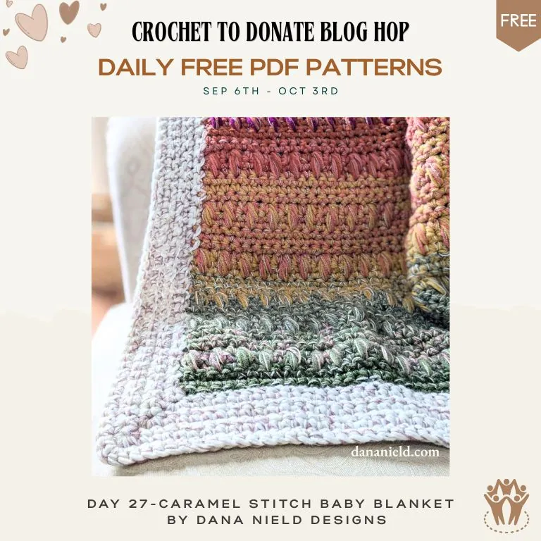 Free stash buster crochet baby blanket pattern — pink, gold and green caramel stitch blanket with cream border