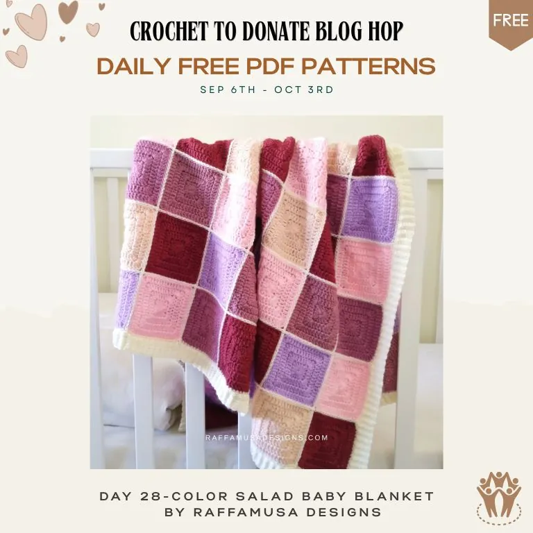 Free granny square crochet baby blanket pattern — pink, purple and cream squares draped over a white crib