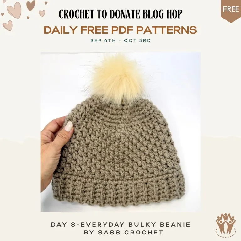 Free bulky crochet hat pattern — tan textured beanie with a cream faux fur pom-pom, made in about an hour