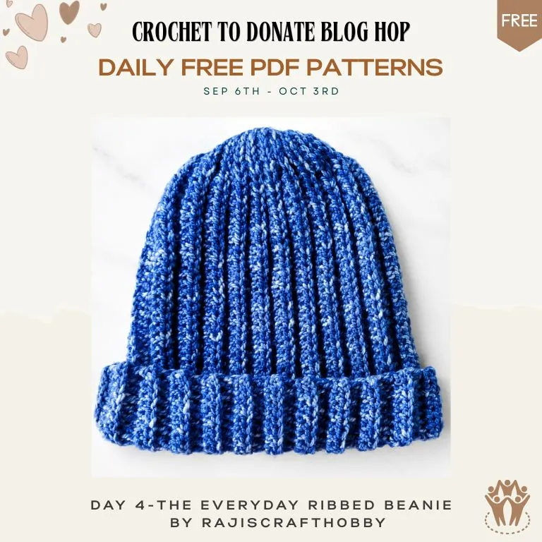 Free crochet ribbed beanie pattern — thick stretchy blue variegated hat with a folded brim