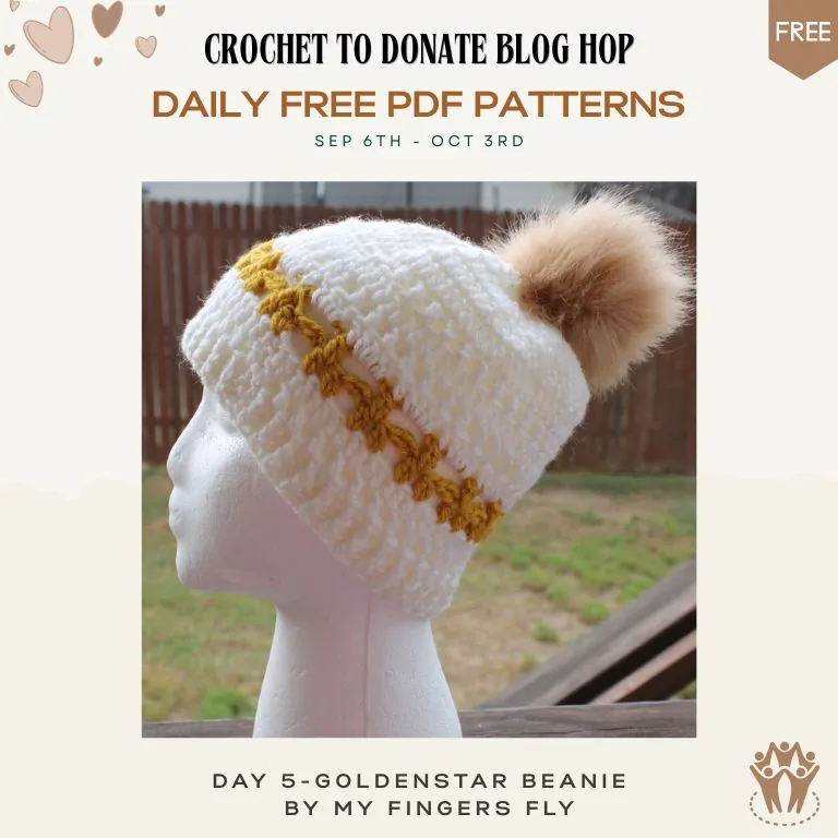 Free crochet beanie pattern — white textured hat with a faux fur pom-pom