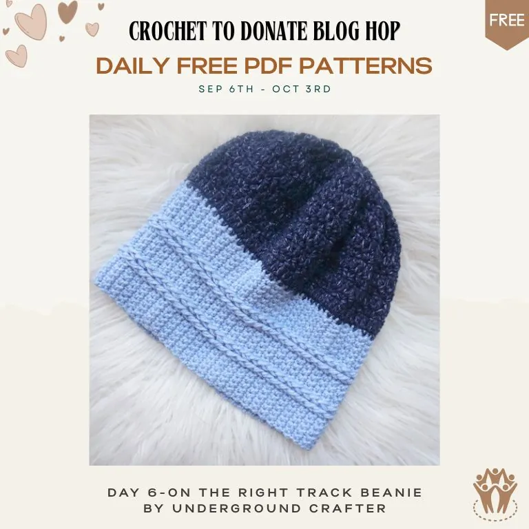 Two-tone blue crochet beanie with a wide textured band and slightly slouchy crown on white faux fur, Day 6 of the Crochet to Donate Blog Hop