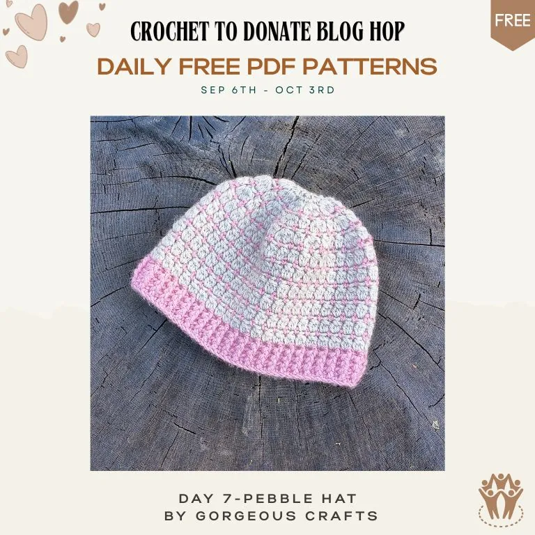 Free textured crochet hat pattern — pink and grey cluster stitch beanie with a ribbed brim