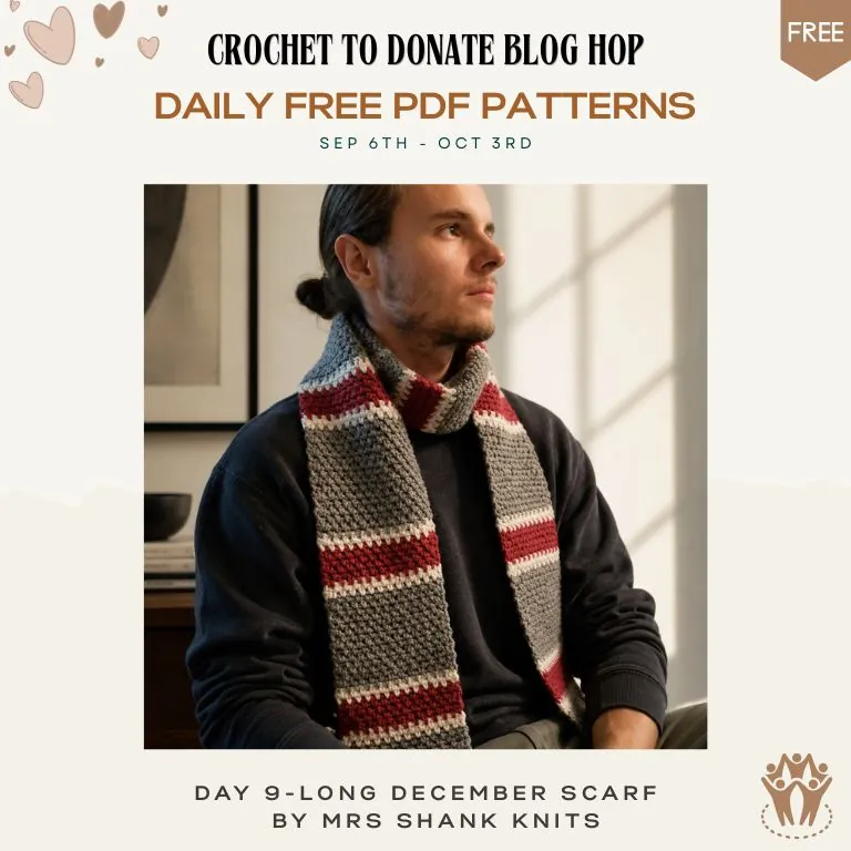 Man wearing a long grey, red and cream striped crochet scarf — free men's crochet scarf pattern