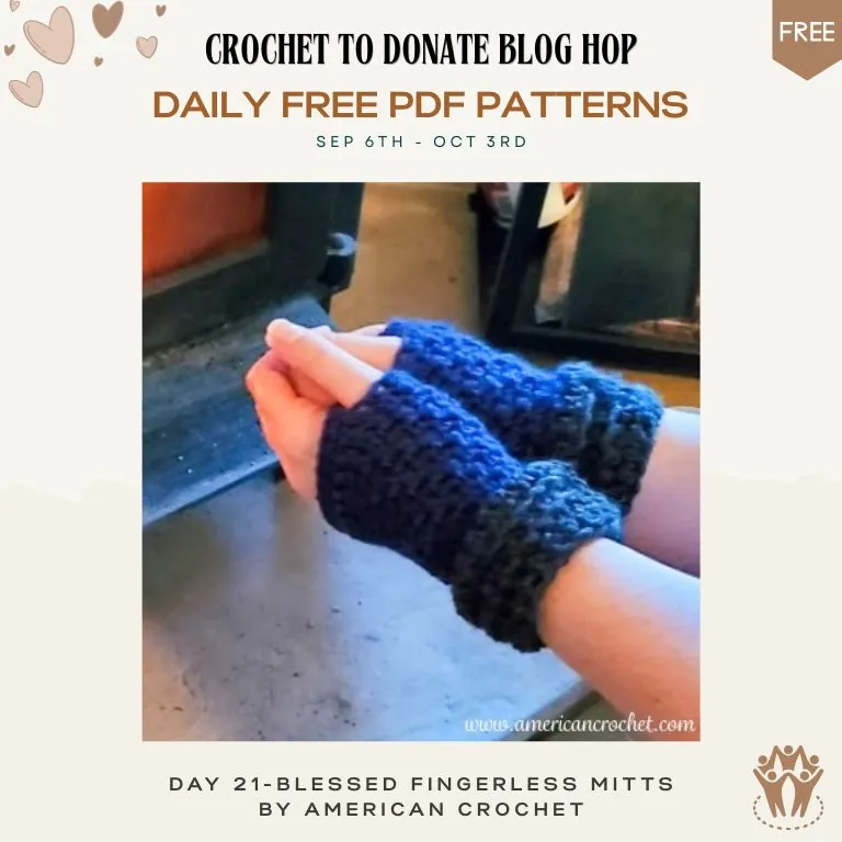 Free crochet fingerless mitts pattern — blue textured mitts worn on hands by a fireplace
