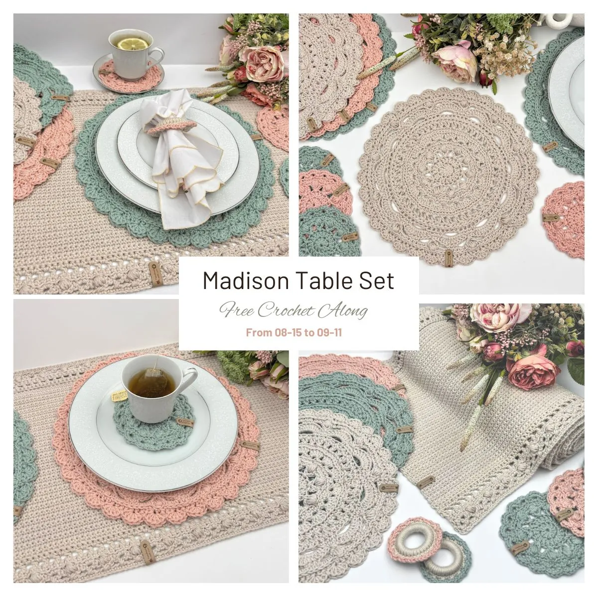 Crochet table set collage with round placemats, coasters, napkin holders, and table runner in blush and cream cotton