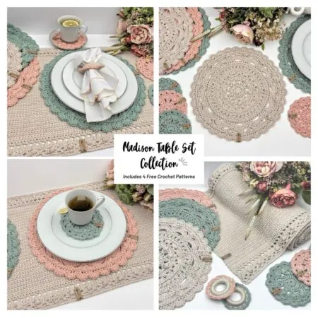 Madison Table Set collage of free crochet placemats, coasters, napkin rings, and a table runner in blush and sage