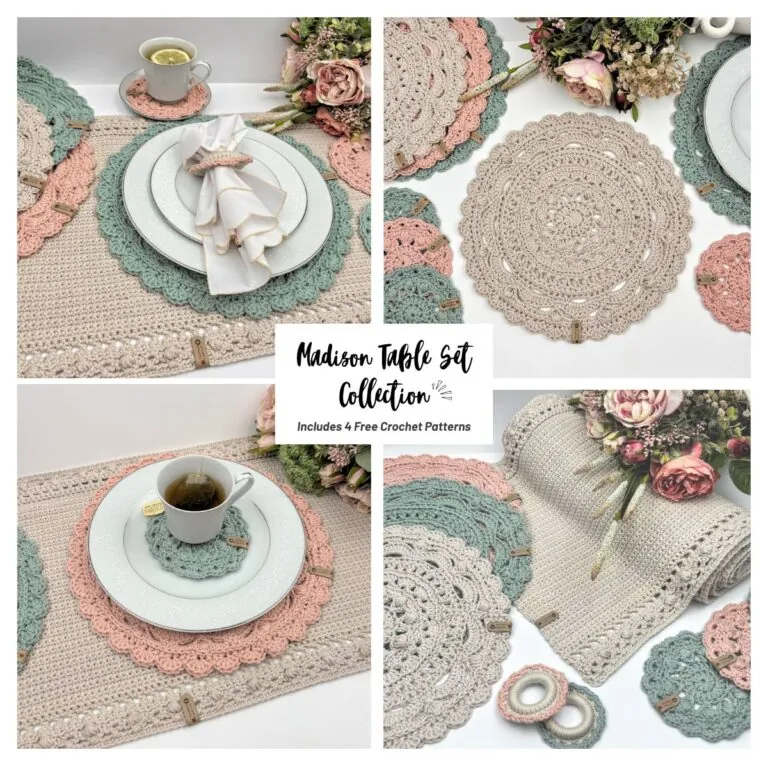 Madison Table Set collage of free crochet placemats, coasters, napkin rings, and a table runner in blush and sage