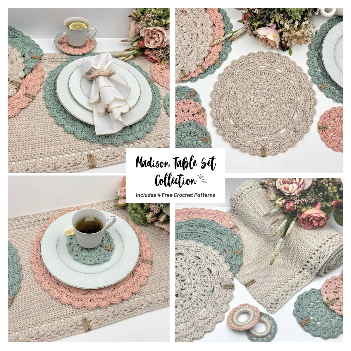 Madison Table Set collage of free crochet placemats, coasters, napkin rings, and a table runner in blush and sage